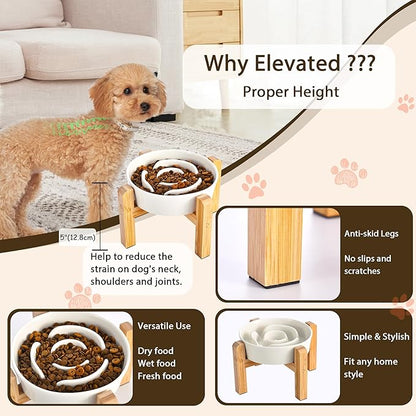 Elevated Slow Feeder Dog Bowl - Ceramic Maze Food Dish with Bamboo Stand - Raised Feeding Bowl for Fast Eaters - Ideal for Small and Medium Dogs - Milky White - 6.7 inch