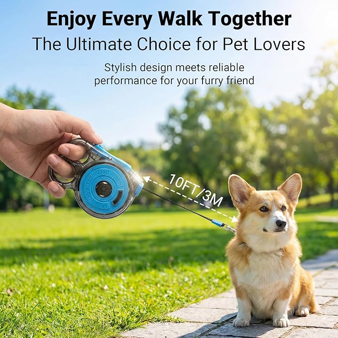 Retractable Dog Leash for Small Dogs, 10ft Retractable Leash for Puppies Up to 26 lbs, 360° Tangle-Free Heavy Duty Nylon Tape, One-Handed Brake Pause Lock, Reflective Strip for Safe Night Walking