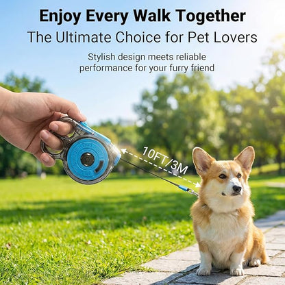 Retractable Dog Leash for Small Dogs, 10ft Retractable Leash for Puppies Up to 26 lbs, 360° Tangle-Free Heavy Duty Nylon Tape, One-Handed Brake Pause Lock, Reflective Strip for Safe Night Walking