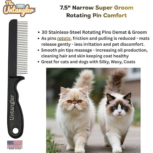 Super-Groom Combs with Smooth Rotating Teeth for Painless Mat Removal (Black, 30 Fine-Spaced Teeth)