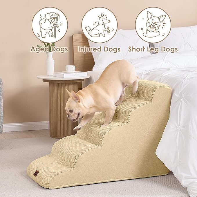 EHEYCIGA Curved Dog Stairs Ramp for High Beds 22.6" H, 5-Step Dog Steps for Small Dogs and Cats, Pet Stairs for High Bed Climbing, Non-Slip Balanced Pet Step Indoor, Graige