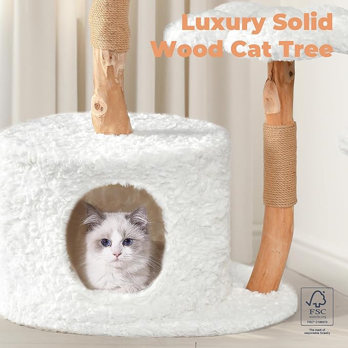 Easyego Modern Cat Tree, 39.3" Aesthetic Wood Cat Tree Tower for Large Cats, Luxury Cat Condo with Scratching Posts and Flower Platforms, Cat Furniture, White