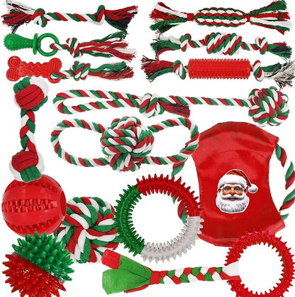 Dog Toys 15 Pack for Teeth Cleaning and Fun, Puppy Teething Chew Toy with Gift Box, Variety Tug Rope Balls & Rubber Rings Bulk for Puppies