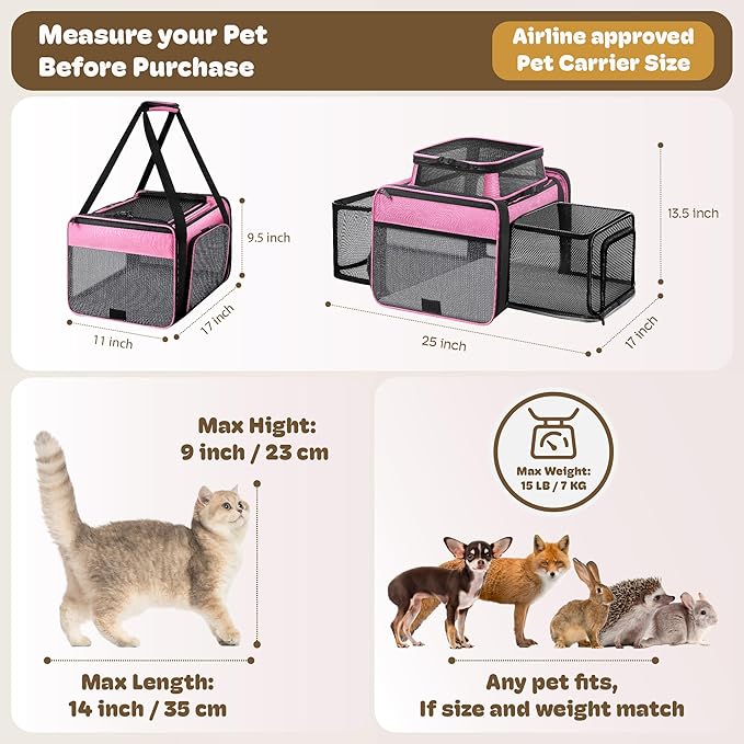 Top and 2 Sides Expandable Pet Carrier 17x11x9.5, TSA Airline Approved Small Dog Carriers for Small Dogs, Soft-Sided Cat Carrier with Self-Locking Zippers for Kitten,Rabbit, Puppy, Guinea Pig Pink