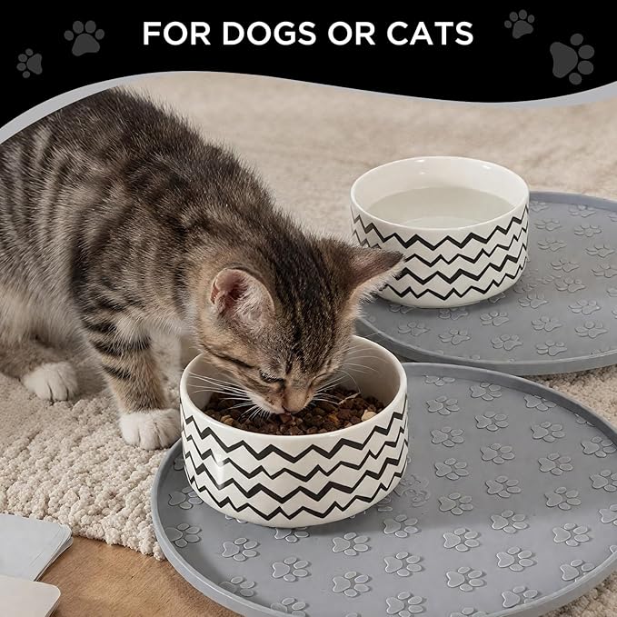 Comtim Waterproof Dog Food Mat - 2 Pack Silicone Pet Food Mat Dog Food Bowl Mats Cat Water Mats Eating Tray, Non-Slip Pet Placemat with Lip for Messy Drinkers to Protect Floor,Light Grey 11"