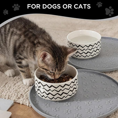Comtim Waterproof Dog Food Mat - 2 Pack Silicone Pet Food Mat Dog Food Bowl Mats Cat Water Mats Eating Tray, Non-Slip Pet Placemat with Lip for Messy Drinkers to Protect Floor,Light Grey 11"