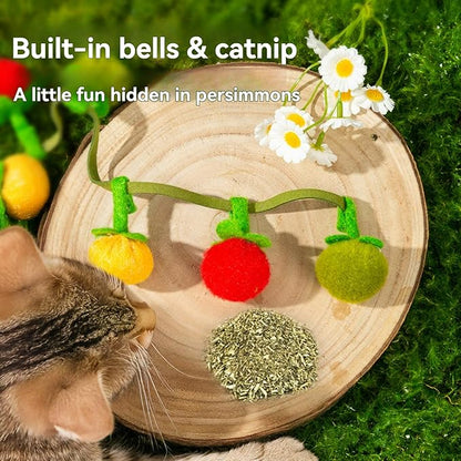 Cat Teaser Fruit-Shaped Squeaky String with Catnip Bells Tomatoes Persimmons Shapes Hangable for Interactive Play Soft Chew Toy Pet Accessories (Fruit String 1pc)