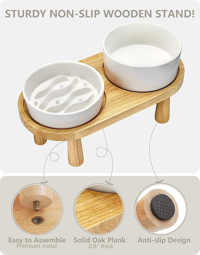 Ceramic Slow Feeder and Water Bowl Set for Small Dogs, 0.6 Cups Dog Slow Feeder(14oz) and 30oz Water Bowl Set, 6in, White