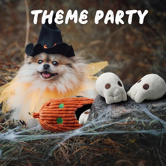 Nocciola Halloween Dog Toys 4 PCS, Pumpkin + 3 Skull Squeaky Dog Toy for Small Puppy Dog to Keep Them Busy, Durable Plush Hide and Seek Dog Toys for Small Medium Dogs
