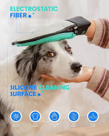 Pet Hair Removal Glove for Dogs & Cats, 2-in-1 Double-Sided Pet Grooming Tool, Electrostatic Pet Hair Remover Glove for Clothes & Furniture + Silicone Brush for Deshedding Pets
