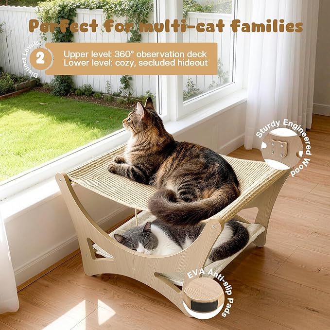 Double-Layer Cat Hammock Bed, Wooden Elevated Cat Beds with Natural Sisal Scratching Mat, Cats Scratcher Bed with Removable Soft Cushion, Cats Scratching Beds with Wood Frames