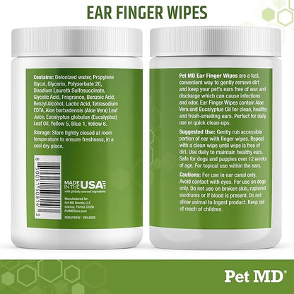 Dog Ear Cleaning Finger Wipes with Aloe Vera & Eucalyptus Oil – Veterinarian Formulated Pet Ear Wipes for Dog Ear Care – Made in USA – 50 Count