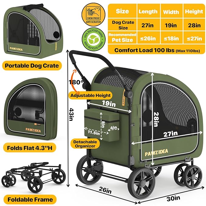 PAWZIDEA 3-in-1 Dog Stroller for Large Dogs with Detachable Carrier, 45% Extra Tall Dog Car Crate up to 100lb Sit Upright, Foldable Pet Stroller for 2 Medium Dogs All-Terrain Jogger, Adjustable Handle