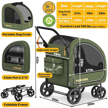 PAWZIDEA 3-in-1 Dog Stroller for Large Dogs with Detachable Carrier, 45% Extra Tall Dog Car Crate up to 100lb Sit Upright, Foldable Pet Stroller for 2 Medium Dogs All-Terrain Jogger, Adjustable Handle