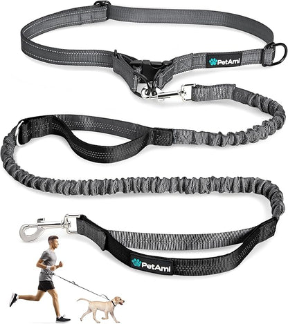PetAmi Hands-Free Dog Leash for Walking, Running & Hiking, Heavy Duty Bungee Waist Leash with Dual Padded Handles, Adjustable Reflective Belt for Small, Medium & Large Dogs up to 150 lbs, Grey