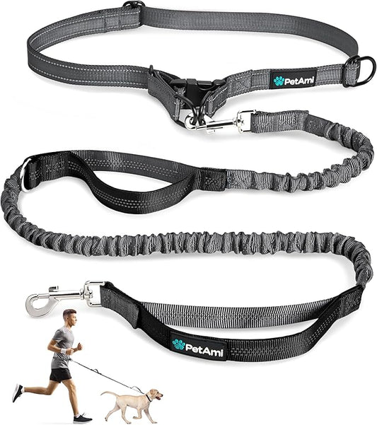 PetAmi Hands-Free Dog Leash for Walking, Running & Hiking, Heavy Duty Bungee Waist Leash with Dual Padded Handles, Adjustable Reflective Belt for Small, Medium & Large Dogs up to 150 lbs, Grey