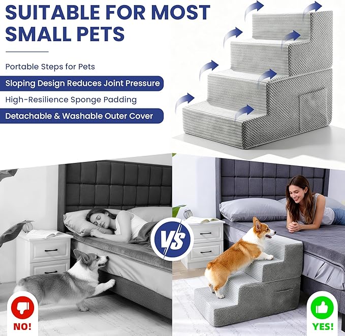 Dog Stairs for Small Dogs, 4-Step Dog Ramp for Bed 17.3" H, Dogs Steps for Bed, Couch, Pet Stairs with Non-Slip Bottom Design,High Density Foam Portable Pet Steps, Light Grey