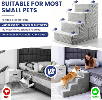 Dog Stairs for Small Dogs, 4-Step Dog Ramp for Bed 17.3" H, Dogs Steps for Bed, Couch, Pet Stairs with Non-Slip Bottom Design,High Density Foam Portable Pet Steps, Light Grey