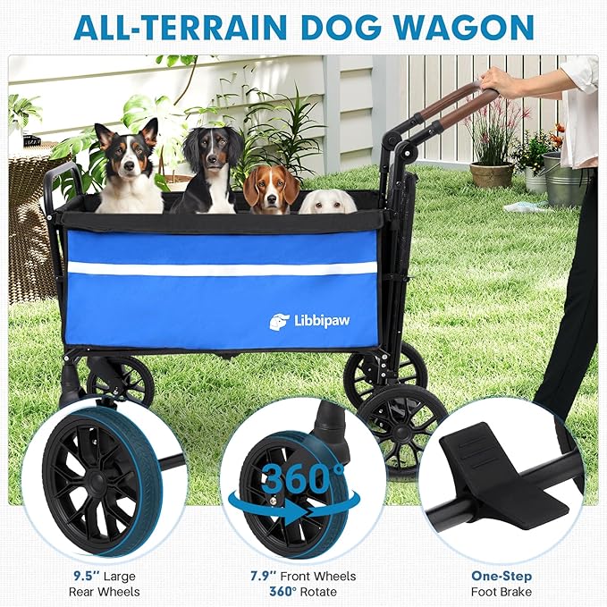 Dog Wagon for Medium Large Dogs up to 200lbs, All Terrain Foldable Large Dog Stroller with Ramp, Wagon for Dog with Adjustable Handle & One-Step Brake(Blue)