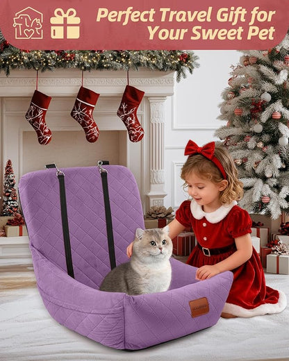 WOOAIDAGG Dog Car Seat for Small Dogs Up to 25lbs,Soft Washable Fabric Fill in Memory Foam,Easy to Assemble with 2 Clip-On Safety Leashes and Storage Pockets,Front or Back Seat are Both OK(Purple)