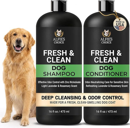 ALFIE'S CHOICE Dog Shampoo for Smelly Dogs | Fresh & Clean Shampoo and Conditioner Set | 16 fl oz Each | Lavender & Rosemary Deodorizing Wash | Odor Control for All Breeds | Made in USA