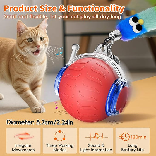 UPSKY Interactive Cat Toy Ball - Automatic Interactive Cat Toys for Indoor Cats, 3-Speed Modes Smart Kitten Toys with Sounds, Rechargeable Cat Ball for Bored Indoor Adult Cats (Red)