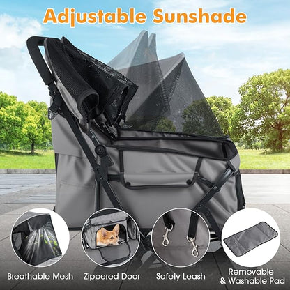 PETSITE Double Pet Stroller, Foldable Double Dog Stroller with 2-Seater Carrier, Adjustable Sunshade, Removable Pad, Safety Belt, Storage Basket, 4-Wheel Pet Travel Cart for 2 Puppies & Cats (Grey)