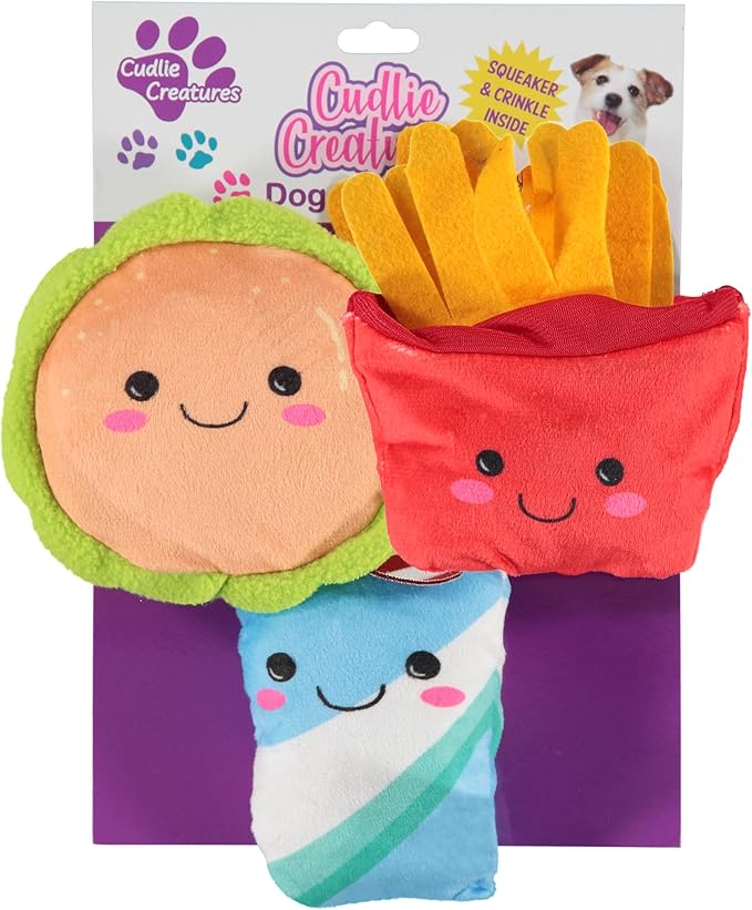 Cudlie 3 Pack Plush Dog Chew Toys – Soft Squeaky Puppy Toys for Small Dogs– 4" Durable, Cute & Safe Pet Toy Gift Set (Food, Fruit, Farm, Zoo & Safari Animal Themes)