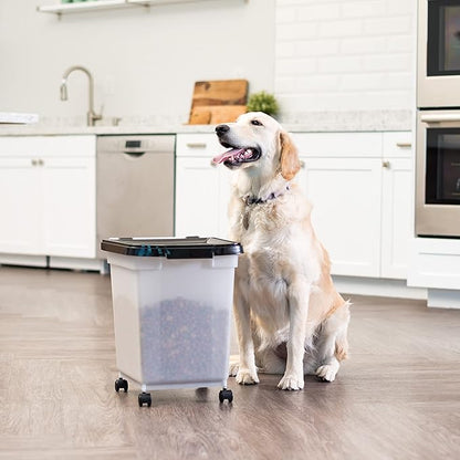 IRIS USA 25 Lbs / 32.5 Qt WeatherPro Airtight Pet Food Storage Container with Removable Casters, for Dog Cat Bird and Other Pet Food Storage Bin, Keep Fresh, Translucent Body, Pearl/Black