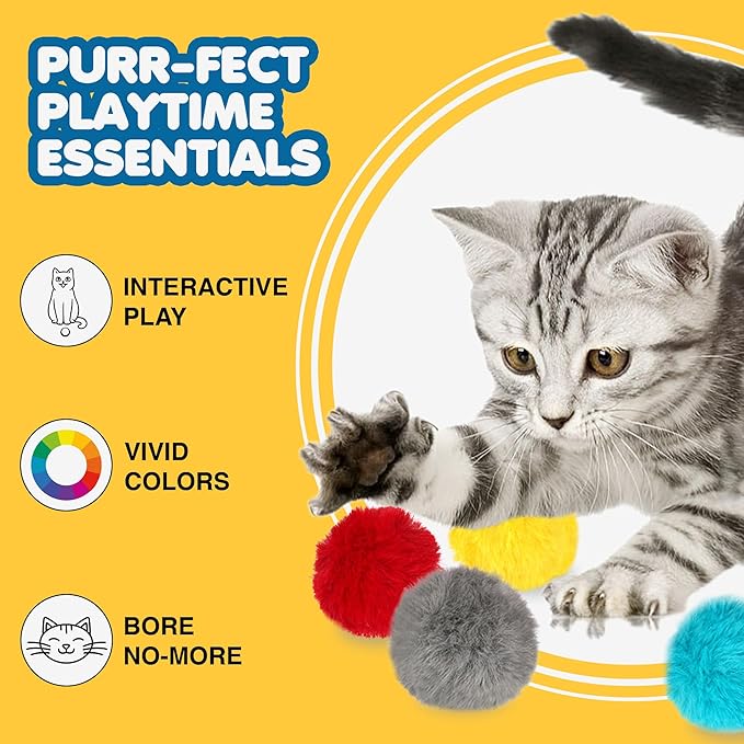 SunGrow Cat Pom Pom Balls, 24 Multi-Colored Soft Enrichment Pom Poms, 2” Fuzzy Flash Balls for Indoor Kitten, Assorted Soft Artificial Fur Orbs for Feline's Body and Brain Workout