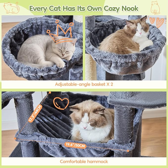 Taoqimiao 72 Inch Cat Tree, XXL Cat Tower for Indoor Cats Large Adult 25Lbs+, Extra-Large Platform, 2 Cat Houses, 7 Scratching Post, Extra-Sized Durable Hammock, Cozy Basket, Smoky Gray, F20G