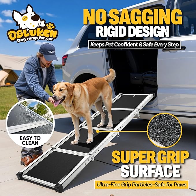 Dog Ramp for Car (200 lbs), Extra L71” W17” Folding Pet Ramp for Large Dogs with with Heavy Duty Hinges, Outdoor Anti-Slip Foldable Dog Car Ramps for SUV Truck Side Door (4 Folded) (4 Folded)