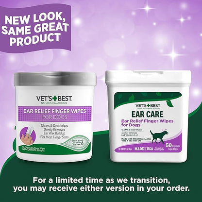 Vet's Best Ear Relief Finger Wipes, Ear Cleansing Finger Wipes for Dogs, Sooths & Deodorizes, 50 Disposable Dog-Wipes (Pack of 2)