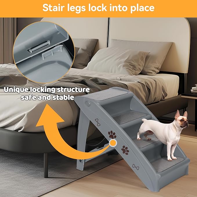 Pet Stairs for Small Dogs and Cats 4-Step Portable Folding Dog Steps Anti-Slip Ladders for High Bed Couch Sofa Climbing, Gray