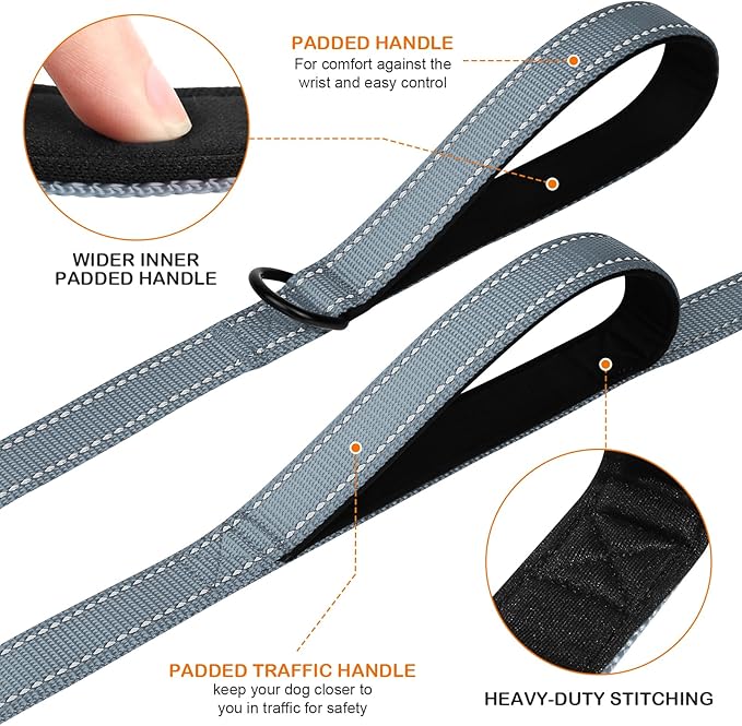 Joytale Dog Leash Heavy Duty for Large Dogs that Pull, Double Handle for Traffic Control, Double-Sided Reflective Leashes for Large Medium Dogs Night Safety, 6FT, Gray