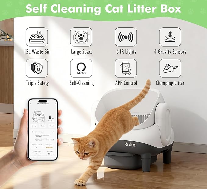 Self-Cleaning Cat Litter Box with Smart APP Control, Automatic Cat Litter Box with Triple Safety Protection (6 IR Lights & 4 Gravity Sensors), Open Top Design for Large Cats, Quiet & Odor Control