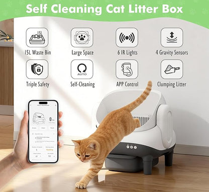 Self-Cleaning Cat Litter Box with Smart APP Control, Automatic Cat Litter Box with Triple Safety Protection (6 IR Lights & 4 Gravity Sensors), Open Top Design for Large Cats, Quiet & Odor Control