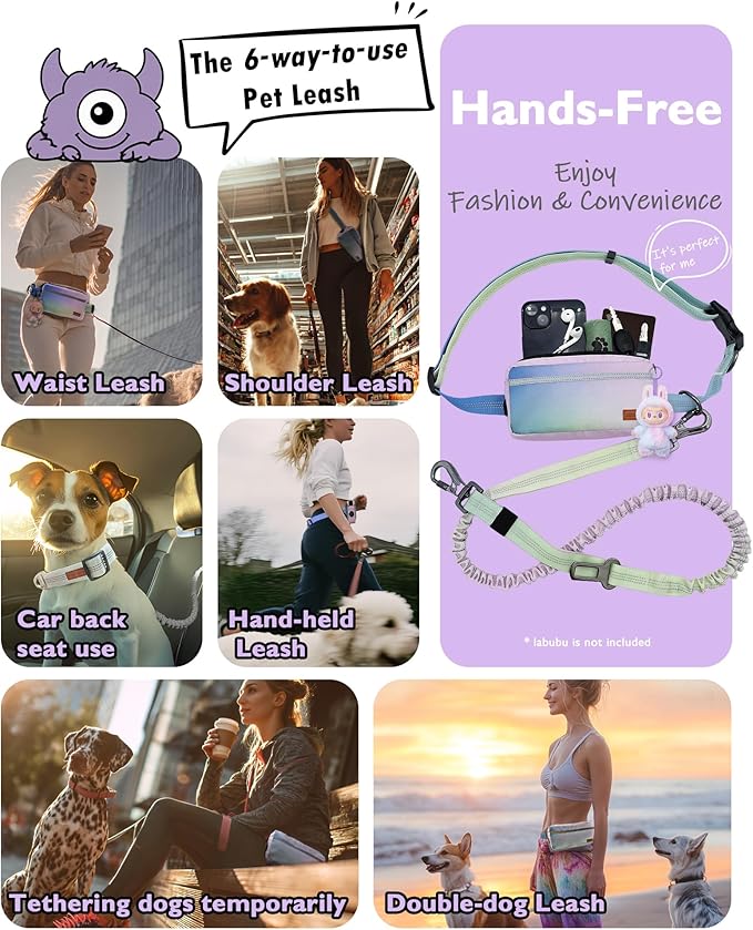 Stylish Car‑Safe Hands‑Free Bungee Dog Leash with Adjustable Waist Belt & Seat‑Belt Hook – Reflective No‑Pull Leash with Zipper Pouch for Running, Hiking & Travel (Powder Blue Gradient)