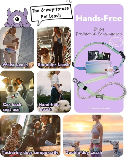 Stylish Car‑Safe Hands‑Free Bungee Dog Leash with Adjustable Waist Belt & Seat‑Belt Hook – Reflective No‑Pull Leash with Zipper Pouch for Running, Hiking & Travel (Powder Blue Gradient)