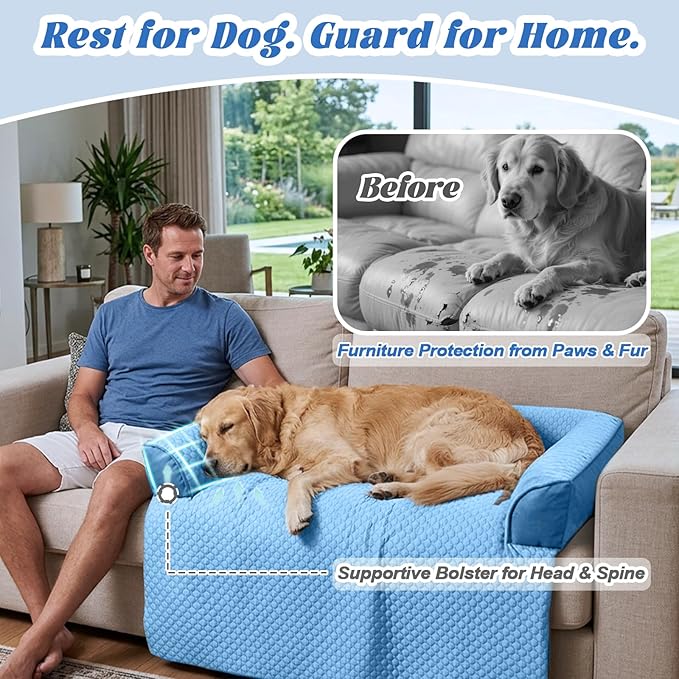 GGIB Cooling Dog Bed Mat with Bolster Pillow Washable Dog Couch Cover Breathable Summer Pet Couch Bed Protector Indoor(Large, Cooling Blue)