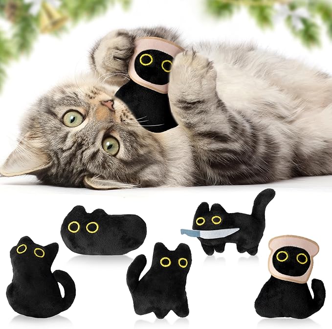 HubirdSall 5Pcs Cute Black Cat Catnip Crinkle Paper Sound Toys Gift for Cats, Catmint Teething Chew Kick Interactive Toy with Bread for Indoor Kitty, Soft Funny Pet Presents Supplies for Kitten Lover