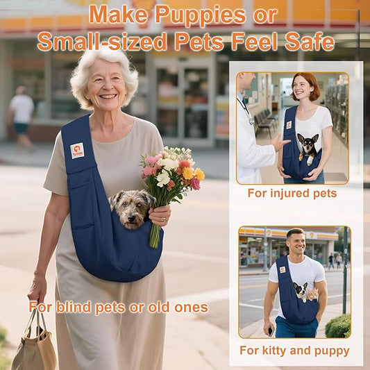 Tomkas Small Dog Cat Sling Carrier Puppy Purse Travel Wrap Soft Crossbody Pet Bag (Dark Blue, M - Classic Pocket & Classic Strap)