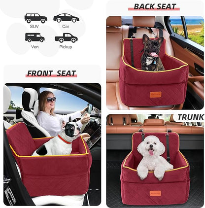 HEGGCOOE Dog Car Seat for Small Medium Dogs, Memory Foam Puppy Dog Booster Seat with Thick Cushion for Dogs Under 35lbs, Detachable Washable Pet Car Seat Travel Bed with Storage Pockets,2 Safety Belts