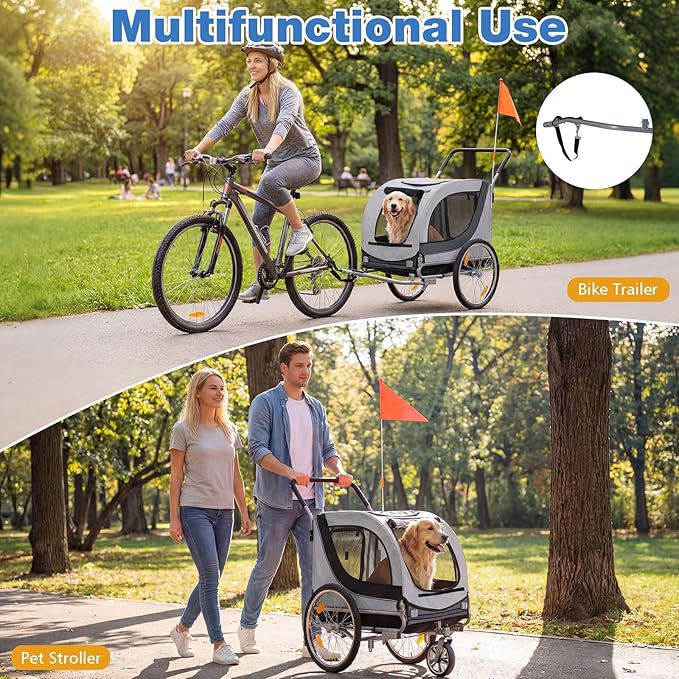 Giantex 2-in-1 Dog Bike Trailer & Pet Stroller for Large Dogs – Foldable Pet Carrier Cart with Front Caster & 2 Air-Filled Tires, Breathable Mesh, PVC Rain Cover, 176 lbs Capacity
