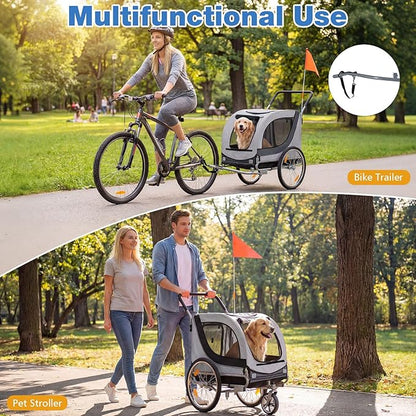 Giantex 2-in-1 Dog Bike Trailer & Pet Stroller for Large Dogs – Foldable Pet Carrier Cart with Front Caster & 2 Air-Filled Tires, Breathable Mesh, PVC Rain Cover, 176 lbs Capacity