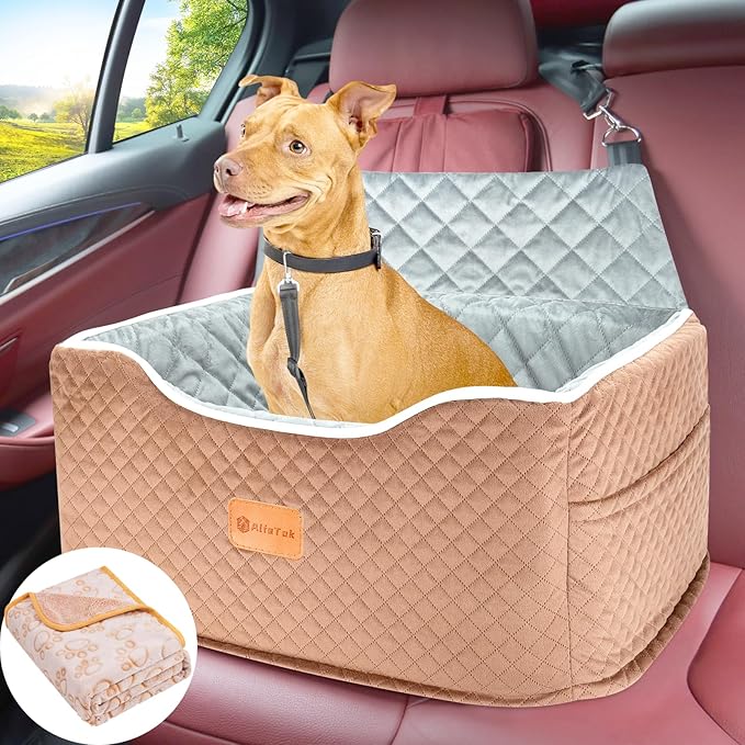 AlfaTok Memory Foam Booster Dog Car Seat Medium Dogs, Elevated Pet Car Seat Under 45 LBS, Detachable Washable, Anti-Slip Dog Booster Seat for Car Back Seat Only, Travel Dog Car Bed, Dog Seat Belt