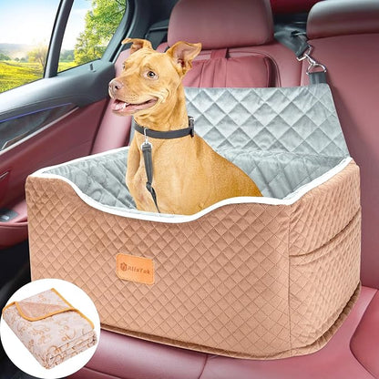 AlfaTok Memory Foam Booster Dog Car Seat Medium Dogs, Elevated Pet Car Seat Under 45 LBS, Detachable Washable, Anti-Slip Dog Booster Seat for Car Back Seat Only, Travel Dog Car Bed, Dog Seat Belt