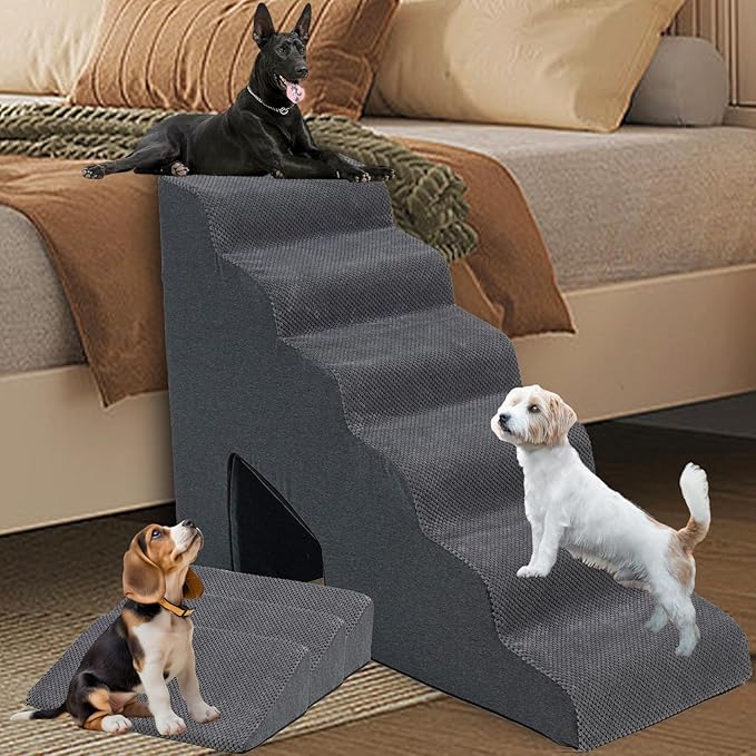 30 Inch Dog Stairs for High Bed, 6 Steps Memory Foam Pet Steps with 3 Ramps for Senior Dogs & Cats, Non-Slip Washable Pet Stairs for Couch Sofa Bed, Grey