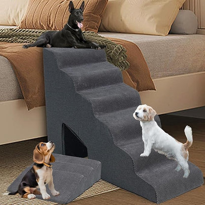 30 Inch Dog Stairs for High Bed, 6 Steps Memory Foam Pet Steps with 3 Ramps for Senior Dogs & Cats, Non-Slip Washable Pet Stairs for Couch Sofa Bed, Grey