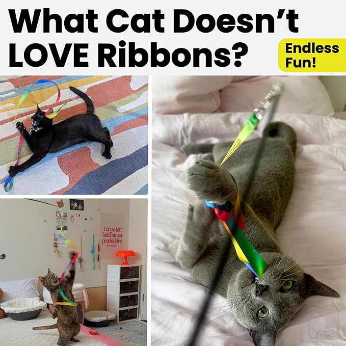 Cat Wand Toy Refill Rainbow Ribbon Set for Cat Wand - Ribbon Lures, Detachable Refill, Toy Lures Attachments - 3 Pieces Multi-Length Fun Durable Attachments with Metal Ring